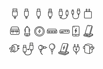 Outline icons of usb chargers and wireless charging devices