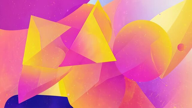 Abstract geometric shapes overlap in vibrant pink, yellow, and purple hues