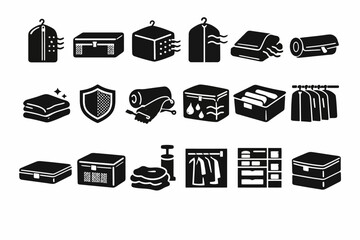 Collection of black travel and storage icon set for clothes and linens