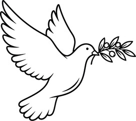 Obraz premium Simple black and white line art drawing depicts a beautiful dove bird gracefully flying while clutching a delicate olive branch firmly in its beak.