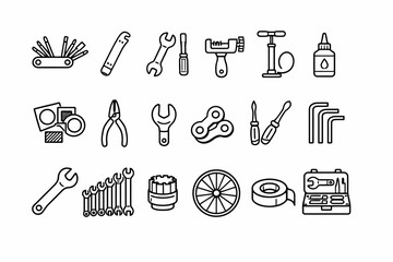 Black and white bicycle repair tools and accessories icons set