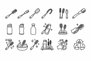 Obraz premium Set of bottle cleaning tools and usage icons for eco-friendly practices