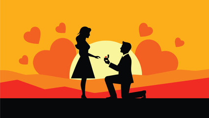 Fototapeta premium Man proposes to woman with engagement ring at sunset with hearts in the sky.