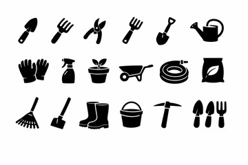 Collection of garden tools: trowel, shears, watering can, gloves, wheelbarrow, rake