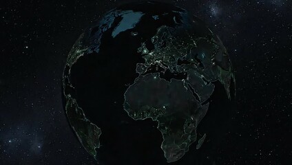 Earth rotating in space with glowing continents, day and night cycle.