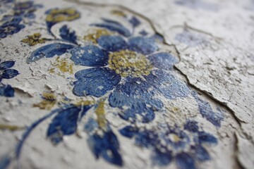 Close-up of cracked, blue and gold floral wall decor