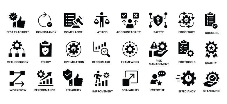 Best practices icon set. Containing workflow, guidelines, performance, standards, improvement, protocols, procedures and methodology. Solid vector icons collection.