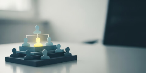 Team teamwork concept work business businessman workflow flow management information structure corporate organisation hierarchy company model shows glowing leader figurine guiding group white desk