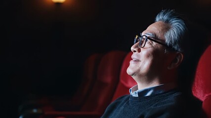 Elderly Man Watching Movie in Theater with Red Seats.
