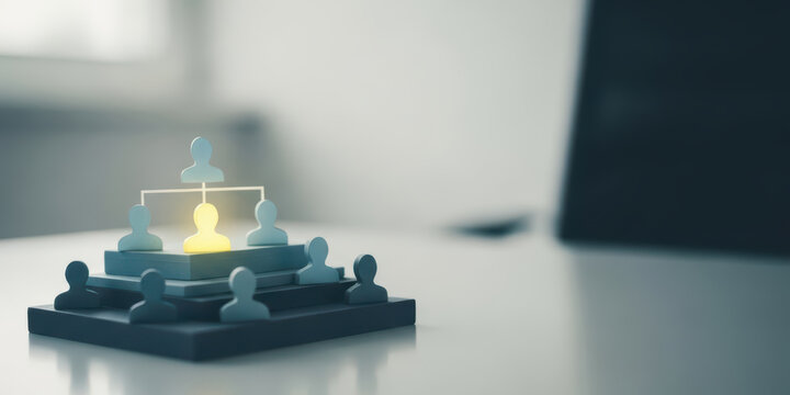Team teamwork concept work business businessman workflow flow management information structure corporate organisation hierarchy company model shows glowing leader figurine guiding group white desk
