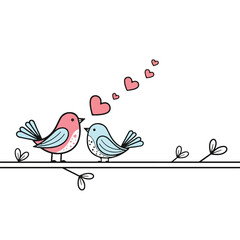 Two birds perched on a branch, facing each other with hearts floating between them in a simple illustration.