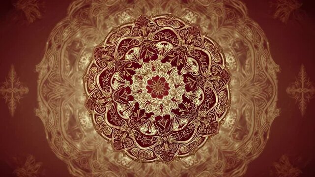 Ornate gold mandala with intricate floral patterns on a deep red background