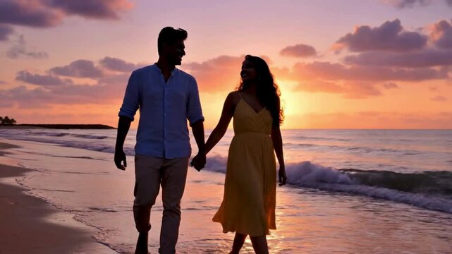 Silhouetted couple holding hands while walking romantically along the ocean shoreline during a breathtaking tropical sunset with dramatic sky colors.