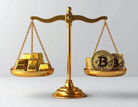 Scales of justice balancing gold bullion and crypto currency. Financial diversity, market value, economic hedge, gold vs bitcoin concept.