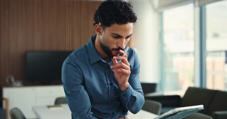 Man, thinking and pen in office with tablet for graphic design, marketing campaign and research. Reflection, person and digital designer in workplace with tech, advertising project and creative idea. - Powered by Adobe