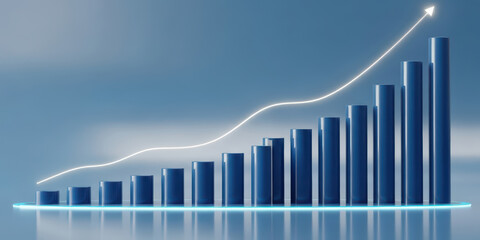 Growth grow business online graph success financial investment management payment profit arrow market trend three dimensional bar chart with glossy blue column and glowing line showing rising
