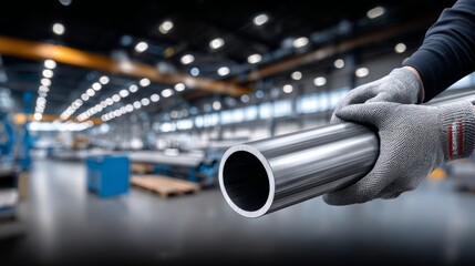 Skilled hands hold a shiny tube, highlighting craftsmanship in a vibrant industrial space