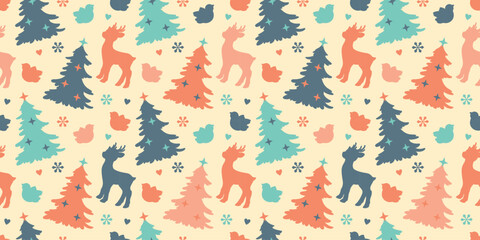 A wide Christmas seamless background with festive trees, reindeer, and birds in a pastel childish aesthetic. Perfect as holiday wallpaper, wrapping paper, or fabric.