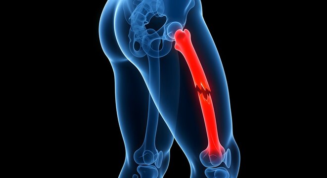 Artistic medical illustration of a human leg on a black background. Glowing blue bones contrast with a jagged, red-highlighted fracture in the femur, creating a modern X-ray visualization.