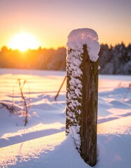 Snow-covered post at winter sunrise