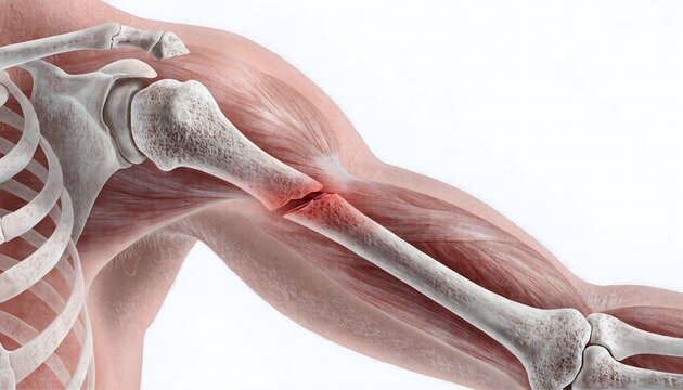 A realistic medical illustration of a human arm highlighting a fractured humerus. The skeletal structure features a red-marked break, translucent muscles, and skin against a white background.