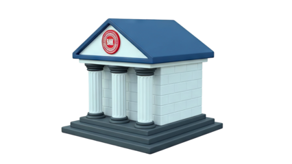 3D Cartoon Bank Building with Columns and Blue Roof