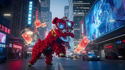 Futuristic Lion Dance Performance in Neon City Street