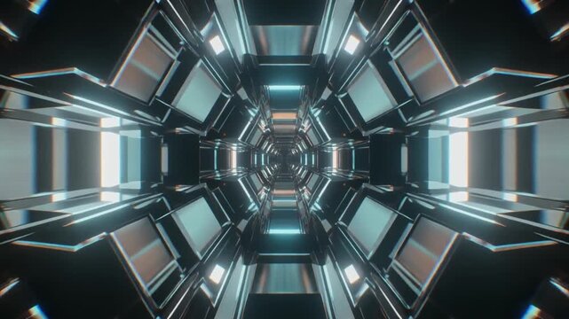 Futuristic Sci-Fi Tunnel with Hexagonal Patterns and Reflective Surfaces
