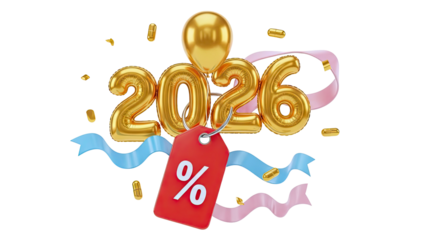 2026 Gold Balloons with Percentage Tag and Ribbons