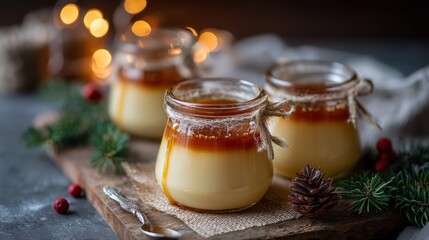 Warm caramel puddings in festive jars, embellished with twine, surrounded by pine and berries evoke a cozy holiday atmosphere.
