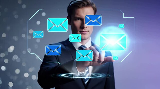 Professional in business suit interacting with holographic email icons and digital interface. Technology concept represents electronic communication, marketing, virtual messaging system and modern