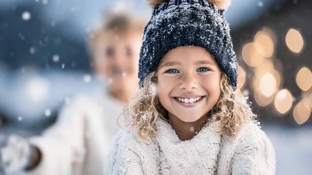 Winter Wonderland: A young girl, bundled in winter wear and a warm hat, beams with pure delight amidst falling snow, evoking the magic of winter and holiday cheer. 