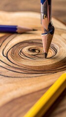 Pencils and wood swirl close up shot