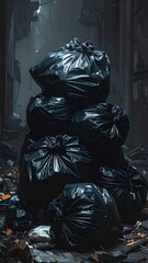Pile of trash bags in urban alley