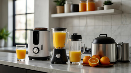 Modern Kitchen Counter with Electric Blender and Juicer Appliances, Fresh Orange Juice in Glass, Healthy Lifestyle Breakfast Concept, Stainless Steel Cookware, Bright Home Interior Background