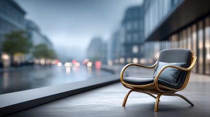 A stylish chair beckons relaxation as raindrops dance on the urban scene, creating a mood for introspection