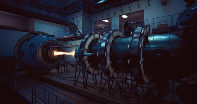 Inside a high tech research facility, an advanced propulsion system emits a bright flame in the dark, showcasing intricate machinery and engineering brilliance in a captivating moment of innovation.