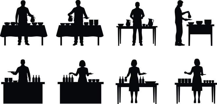 Catering service silhouette set, waiters serving buffet table, restaurant staff with dishes and bottles, hospitality industry icons, cad drawing flat vector illustration
