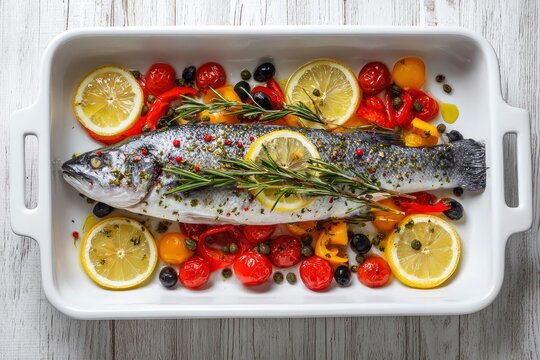 A beautifully prepared whole fish, seasoned with aromatic herbs and spices, lies ready for baking or serving in a pristine white ceramic dish. It is generously garnished with vibrant lemon slices, swe