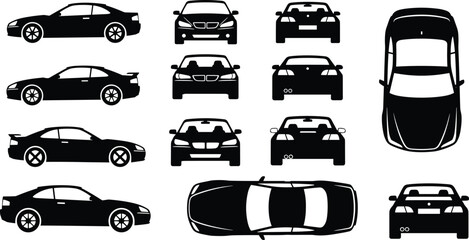 Car silhouette set, sports coupe side view, front and rear vehicle perspective, top view sedan, auto industry design elements, cad drawing flat vector illustration © VectoVerse