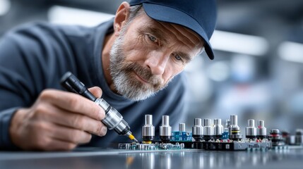 An expert technician meticulously checks and fixes electronic devices in a well-lit, high-tech workshop environment