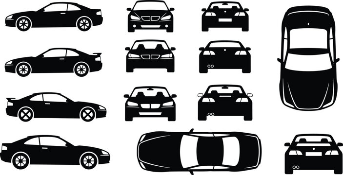 Car silhouette set, sports coupe side view, front and rear vehicle perspective, top view sedan, auto industry design elements, cad drawing flat vector illustration