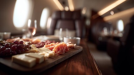 Exquisite in-flight dining on a private jet, featuring cheese, salmon, and wine, highlighting luxury travel and indulgence.