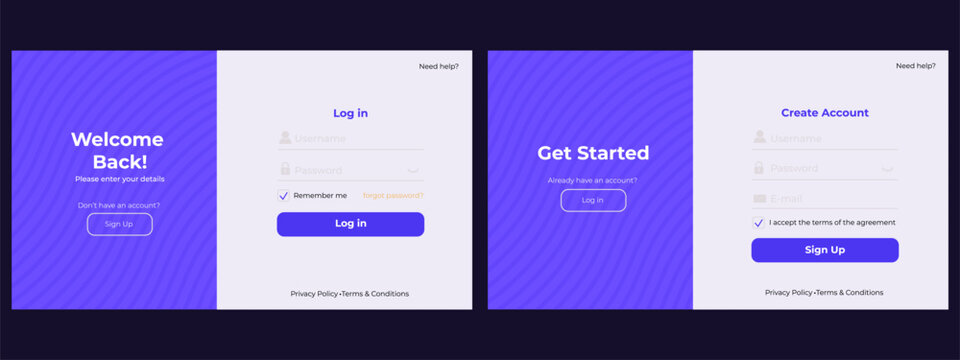 Email and password form layout. User register and login page design for website authentication.