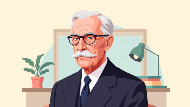 Vector portrait of a distinguished elderly man with a mustache in his study, looking at the camera