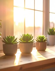 Succulents bask in warm window sunlight