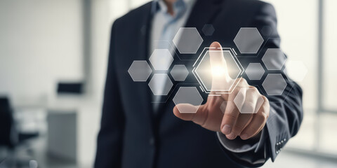 Businessman technology innovation digital touchscreen hexagon virtual interface concept futuristic Confident businessman using digital touchscreen interface with glowing hexagon virtual buttons