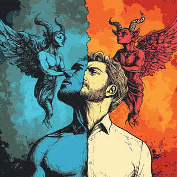 man facing moral dilemma, with angel and devil on his shoulders symbolizing good and bad choices. Generative ai vector colorful pop art illustration. , vector style simple color