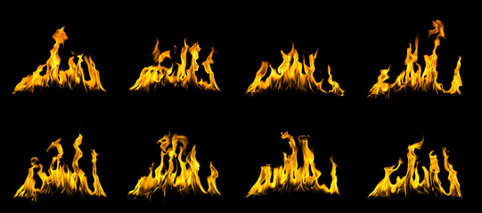 Collection of realistic fire flames isolated on black background, burning and heat concept, dramatic orange fire shapes danger and energy symbol, abstract flame elements for design and visual effects.