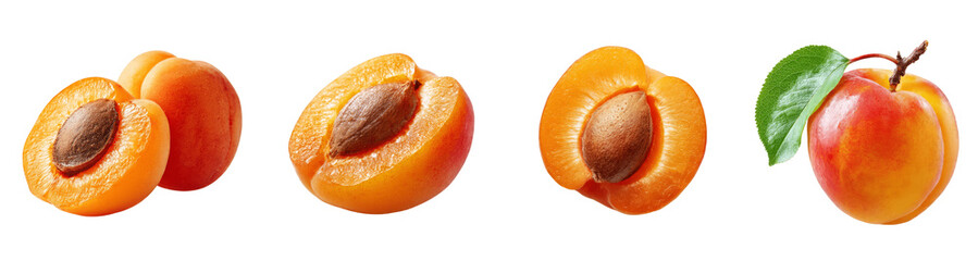 Collection of Fresh Ripe Apricots Whole and Halved with Leaf and Pit Isolated on Transparent Background PNG